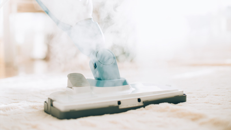 Escova de aspirador a vapor sobre tapete branco